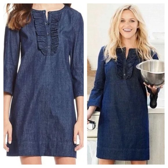 Sz 10 Draper James Chambray Ruffle Shift Dress in Dark Wash - Picture 1 of 16